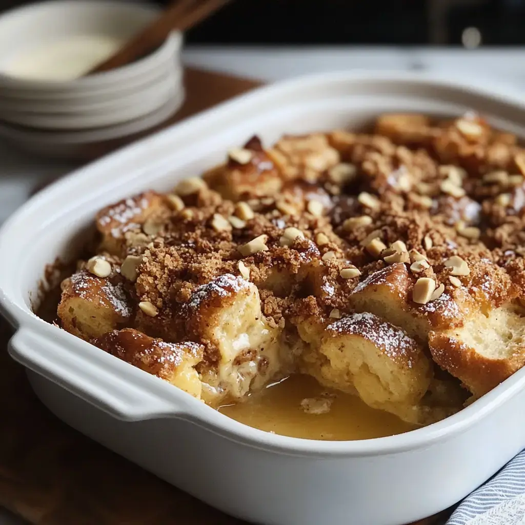 A baked dessert with golden-brown pieces topped with a crumbly mixture and chopped nuts, served in a white dish.