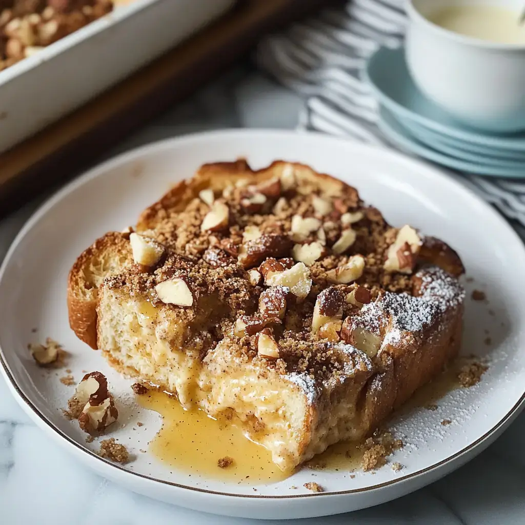 A slice of baked French toast topped with chopped nuts and sprinkled with powdered sugar, served with a drizzle of syrup on a white plate.