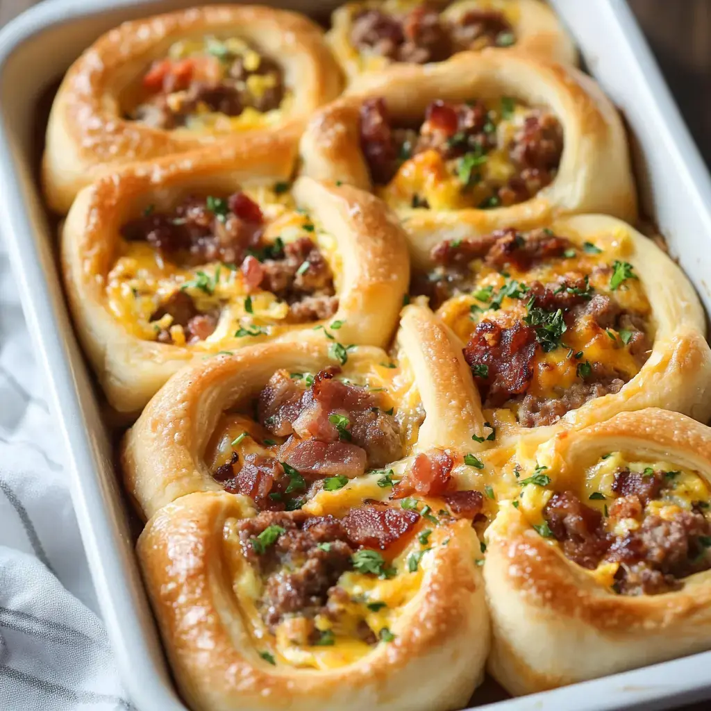 A close-up image of freshly baked savory rolls filled with cheese, sausage, and bacon, garnished with parsley in a baking dish.