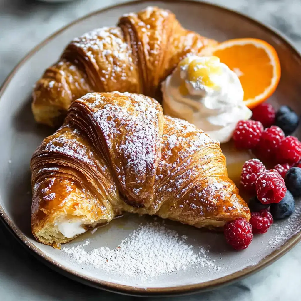 A plate features two powdered sugar-coated croissants, a dollop of whipped cream, fresh raspberries, blueberries, and a slice of orange.