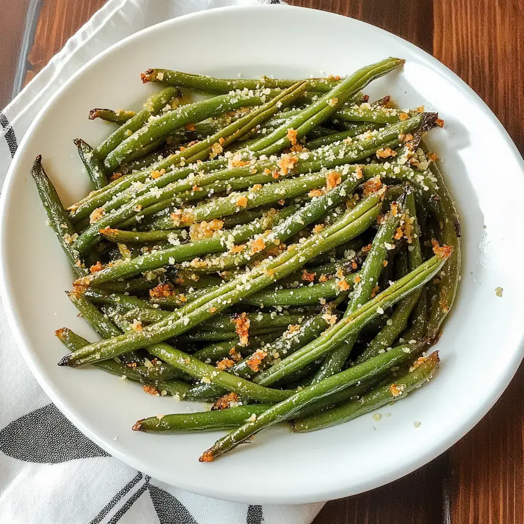 A plate of roasted green beans topped with grated parmesan cheese.