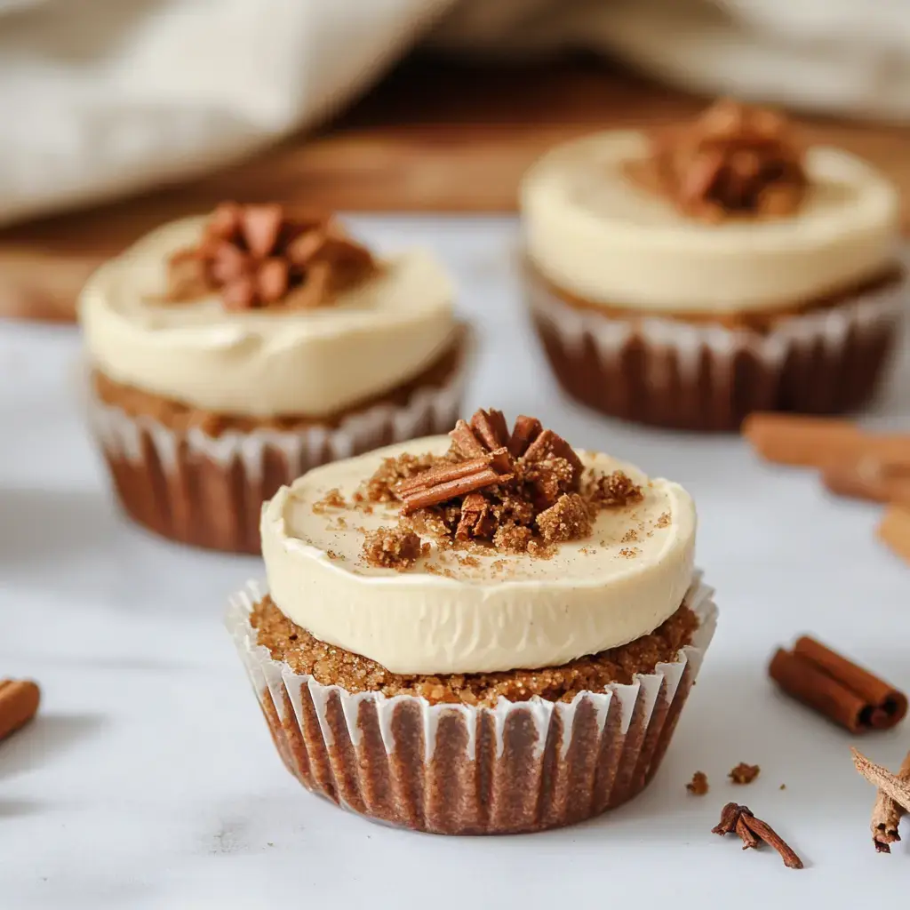 Three cupcakes with creamy frosting and a sprinkle of cinnamon sit on a white surface, adorned with small pieces of cinnamon stick and brown sugar.