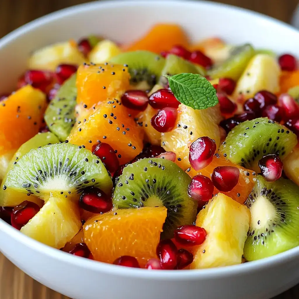 A vibrant bowl of mixed fruit salad featuring kiwi, orange, pineapple, and pomegranate seeds, garnished with a fresh mint leaf.