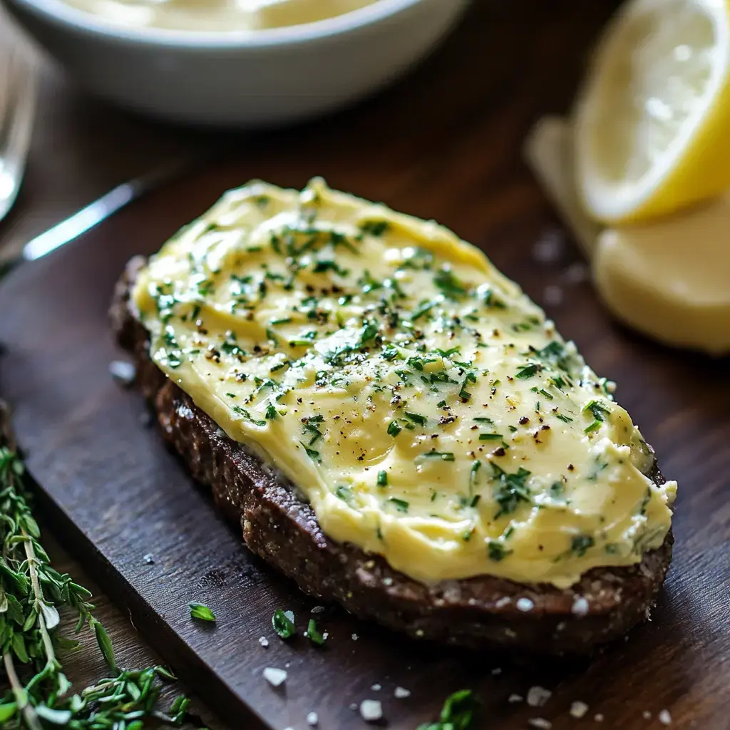 A slice of bread topped with creamy butter, sprinkled with herbs and black pepper, served on a wooden board alongside lemon wedges.