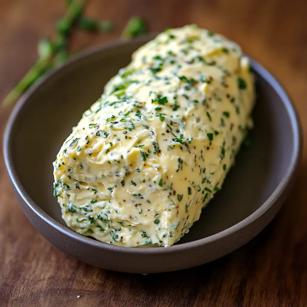 A log of herb-infused butter garnished with chopped herbs sits on a dark plate.