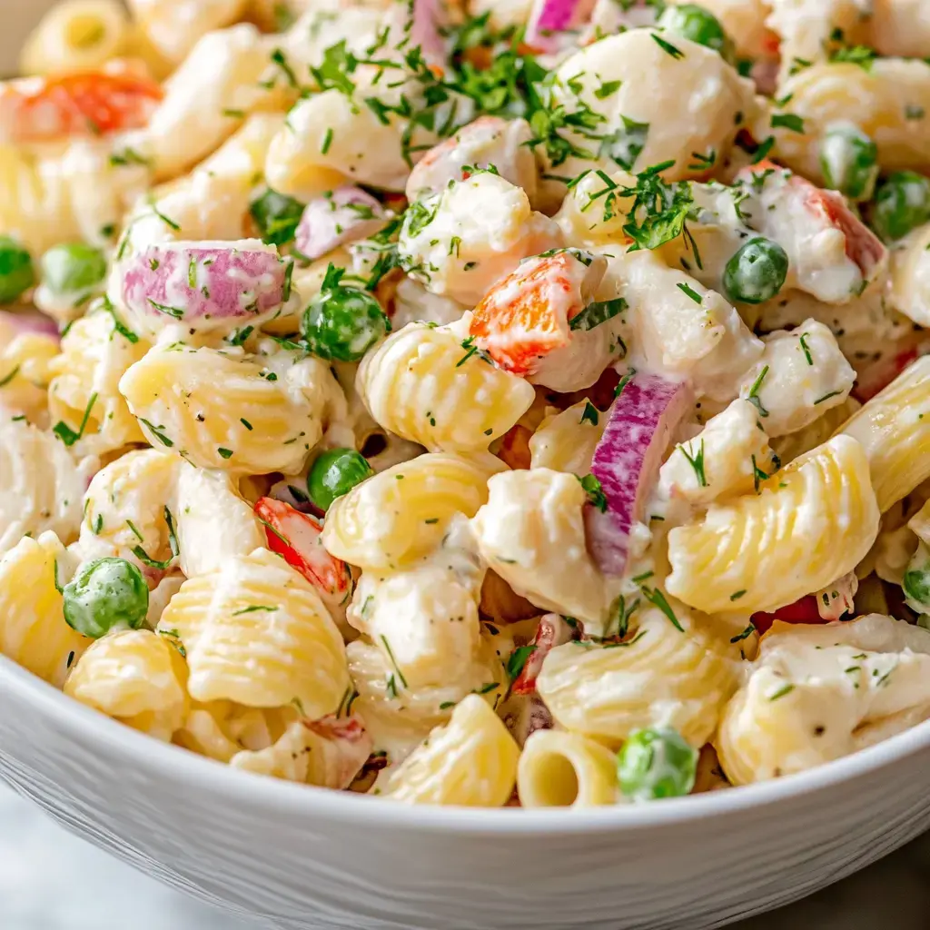 A close-up of a creamy pasta salad featuring rotini, green peas, bell peppers, red onion, and garnished with fresh herbs.