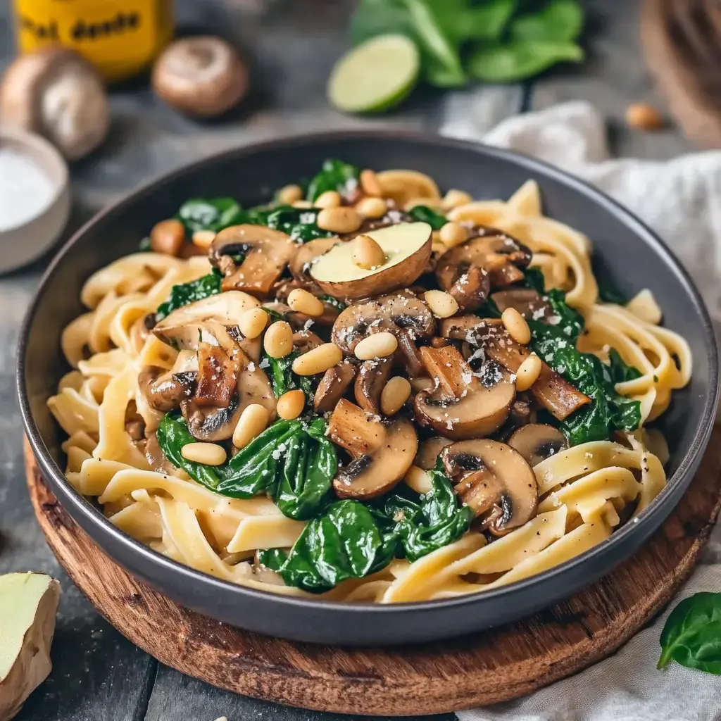 A bowl of fettuccine pasta is topped with sautéed mushrooms, spinach, pine nuts, and grated cheese, set on a wooden surface with some ingredients in the background.