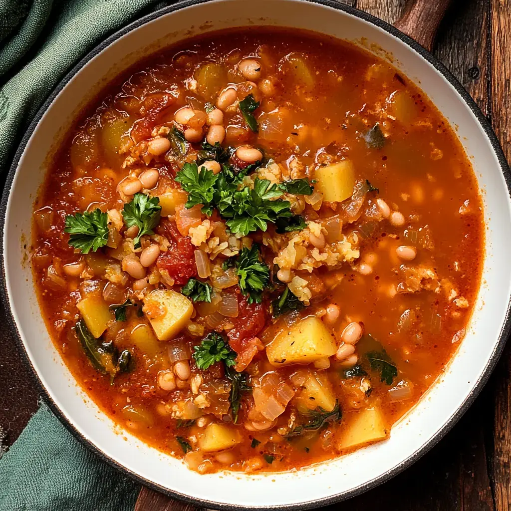 A warm bowl of hearty vegetable and bean soup garnished with fresh parsley.