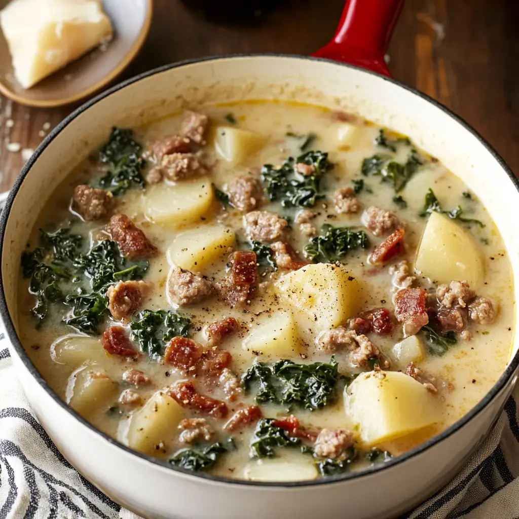 A creamy soup filled with potatoes, sausage, and kale in a red pot, resting on a wooden surface with a piece of cheese in the background.