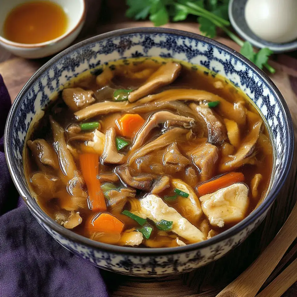 A bowl of flavorful broth is filled with sliced mushrooms, carrots, and pieces of chicken, garnished with green onions.