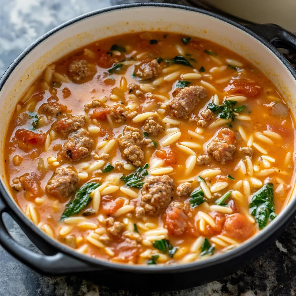 Warm bowl of Italian Sausage Orzo Soup