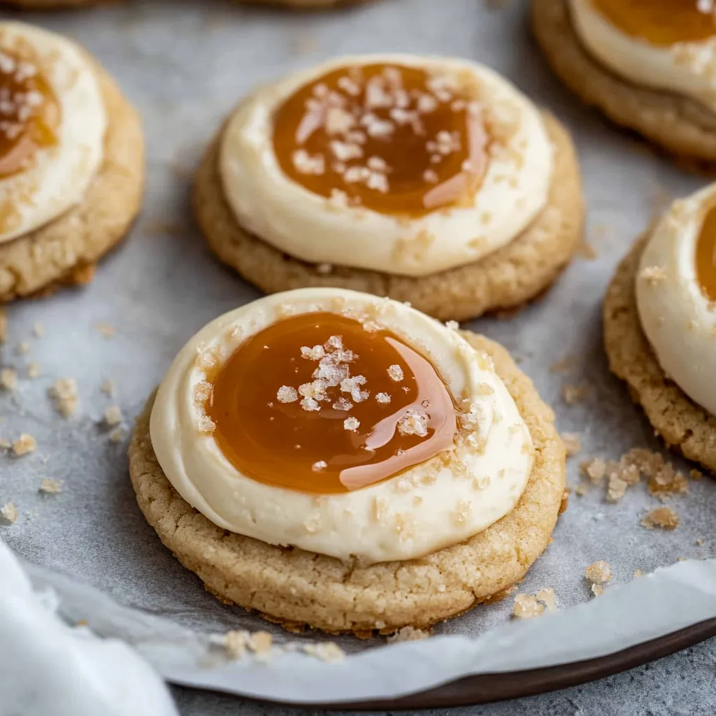 Salted Caramel Cheesecake Cookies on a Tray