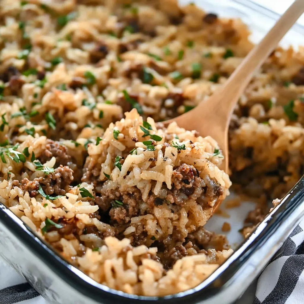 Savory Beef, Onion, and Rice Bake - The Family Cooks