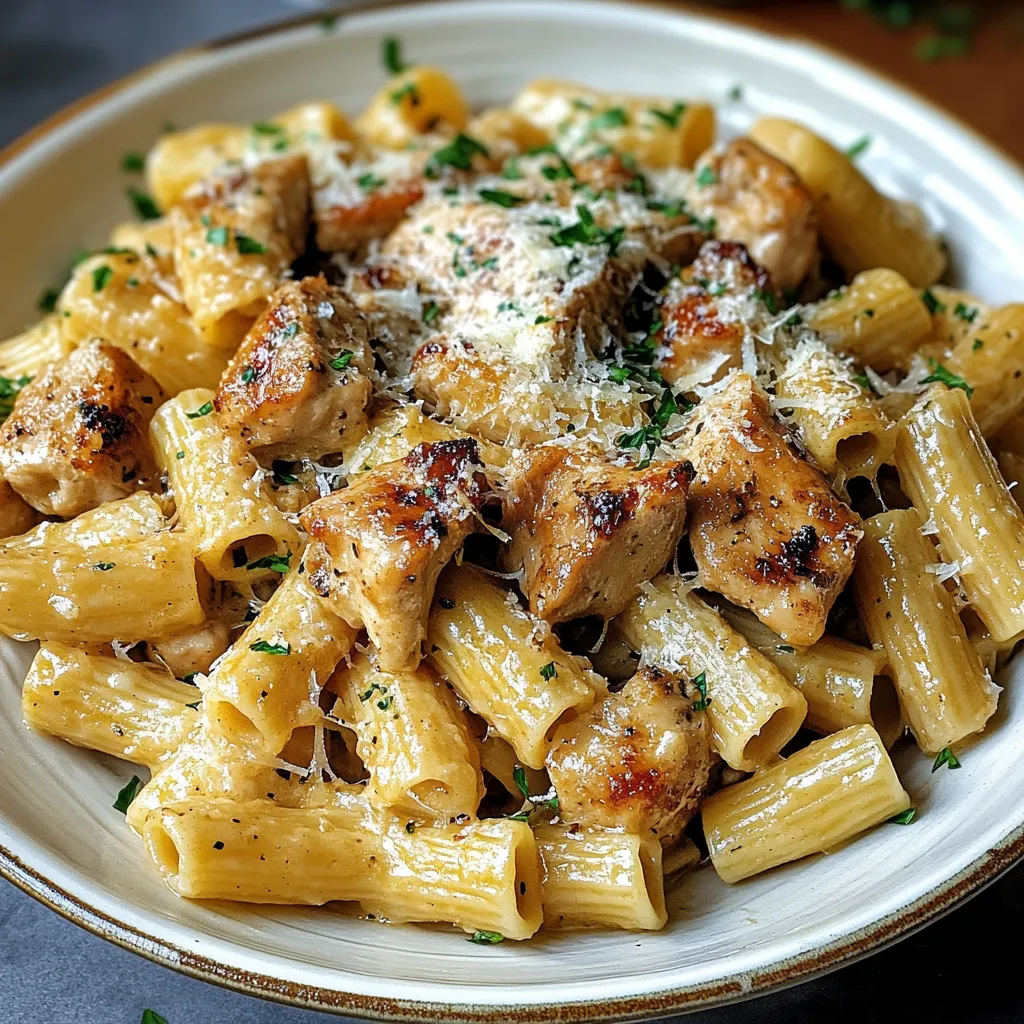 Plated Pasta with Creamy Garlic Sauce and Chicken