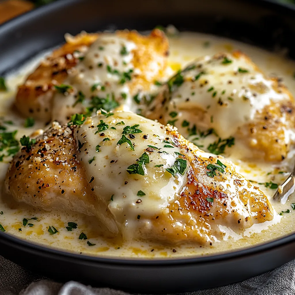 Golden brown chicken in Asiago cream sauce