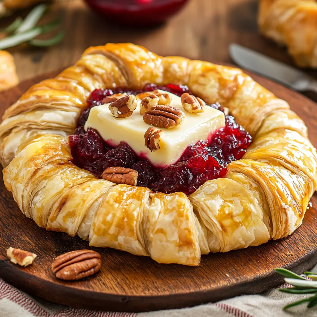 A tray of golden pastry squares topped with cream cheese, berry jam, and garnished with sprigs of rosemary