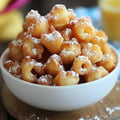 A bowl filled with fried dough balls, dusted with powdered sugar, sits on a wooden surface.