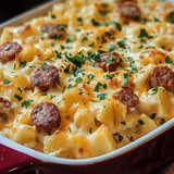 A close-up shot of a creamy pasta dish with chunks of sausage, topped with melted cheese and fresh parsley.