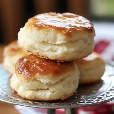 A close-up of fluffy, golden-brown biscuits stacked on a decorative silver plate.