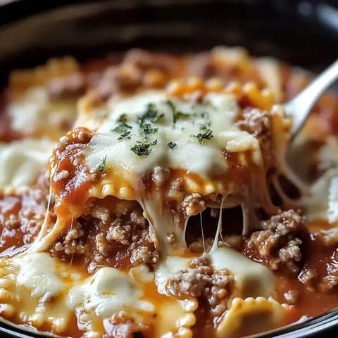 A close-up of cheesy lasagna topped with ground meat and garnished with parsley in a bowl.