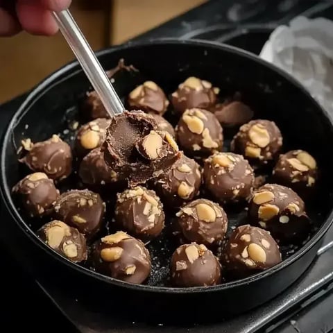 A hand holds a spoonful of chocolate-covered candies with crushed peanuts, surrounded by more candies in a black dish.