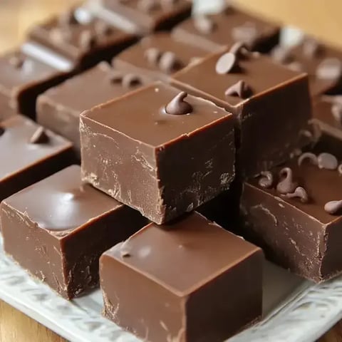 A close-up of homemade chocolate fudge squares arranged on a plate, some topped with chocolate chips.