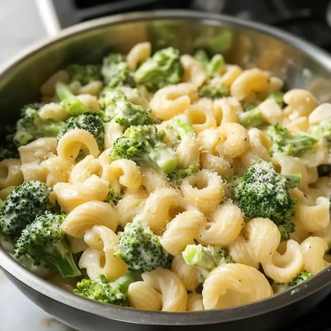 A close-up of a bowl filled with creamy pasta and broccoli, topped with grated cheese.