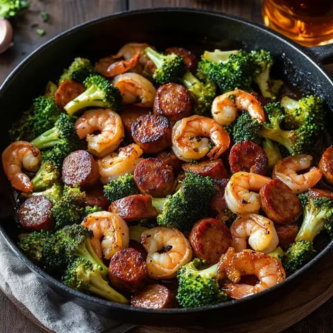 A skillet filled with sautéed shrimp and slices of sausage, surrounded by bright green broccoli.