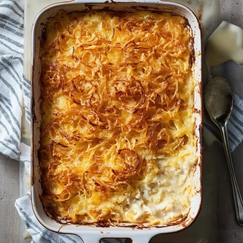 A white dish holding a golden-topped potato casserole with crispy onions, next to a striped napkin and serving spoon.