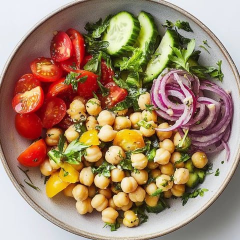 A bowl filled with garbanzos mixed with diced tomatoes, cucumber chunks, sliced red onions, and sprinkled with parsley.