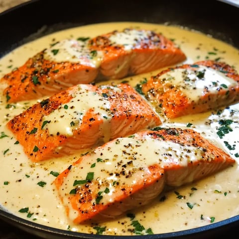 Four pieces of salmon are cooking in a creamy sauce with herbs in a skillet.