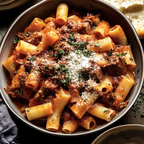 A cozy bowl of rigatoni pasta smothered in tomatoey beef sauce, sprinkled with parsley and parmesan, next to a slice of crusty bread.