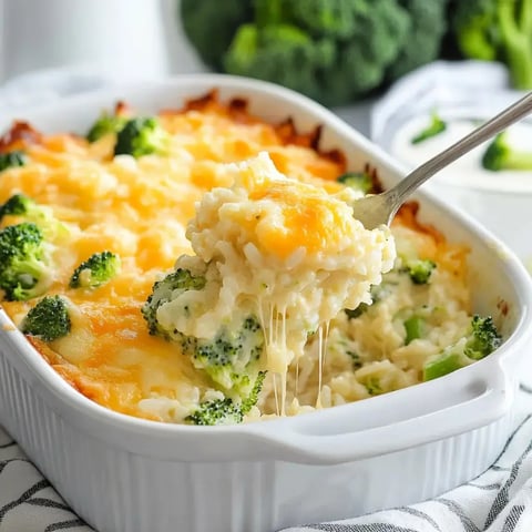 A rich and creamy broccoli-cheese-rice dish served from a white casserole pan, with gooey melted cheese stretching as it's scooped.