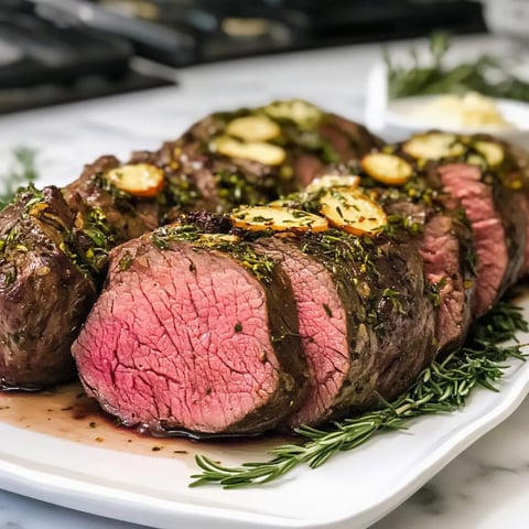 A tender beef roast with herbs and garlic, served on a white plate.