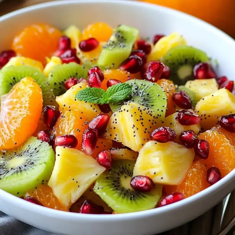 A colorful fruit salad brimming with pineapple, oranges, pomegranate, and kiwi, garnished with fresh mint leaves.