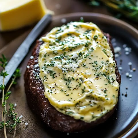 A juicy steak served with a dollop of herb butter, salt, and pepper alongside a butter knife.