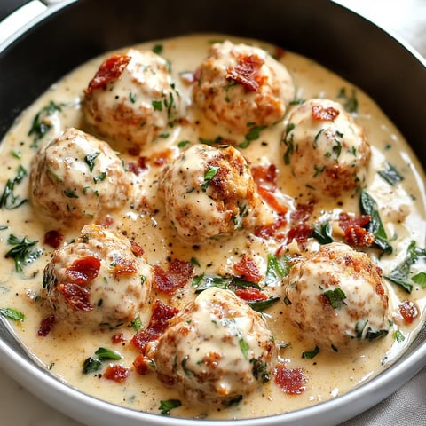 Golden Ricotta Chicken Meatballs with Creamy Spinach and Bacon Sauce