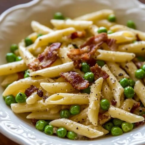 Penne with Crispy Bacon and Peas