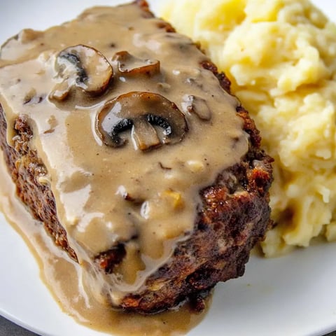 Meatloaf topped with rich mushroom gravy