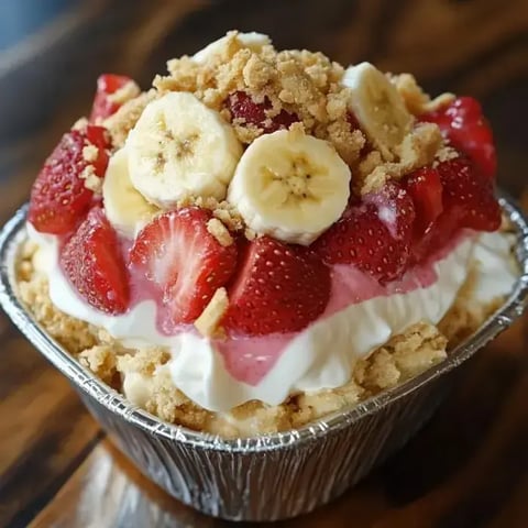 A dessert cup filled with whipped cream, strawberries, banana slices, and crumbled cookie topping.