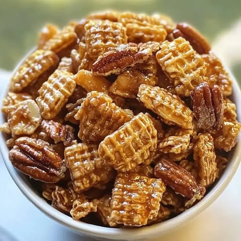 A close-up view of a bowl filled with a crunchy snack mixture of caramel-coated cereals, pecans, and various nuts.