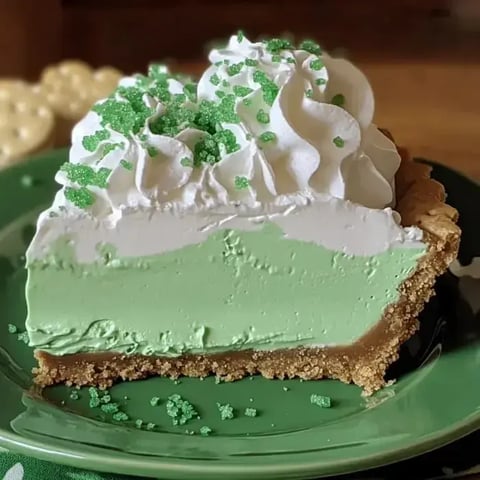 A slice of green pie with creamy layers topped with whipped cream and green sprinkles on a green plate.