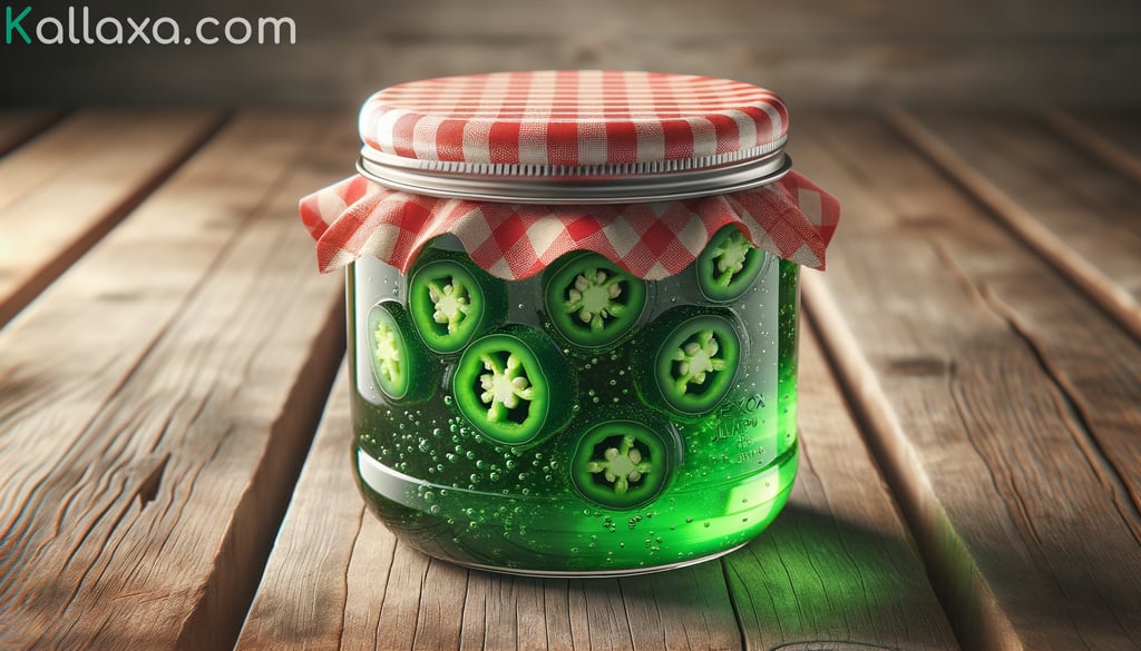 Jar of spicy green jalapeno jelly with visible pepper pieces
